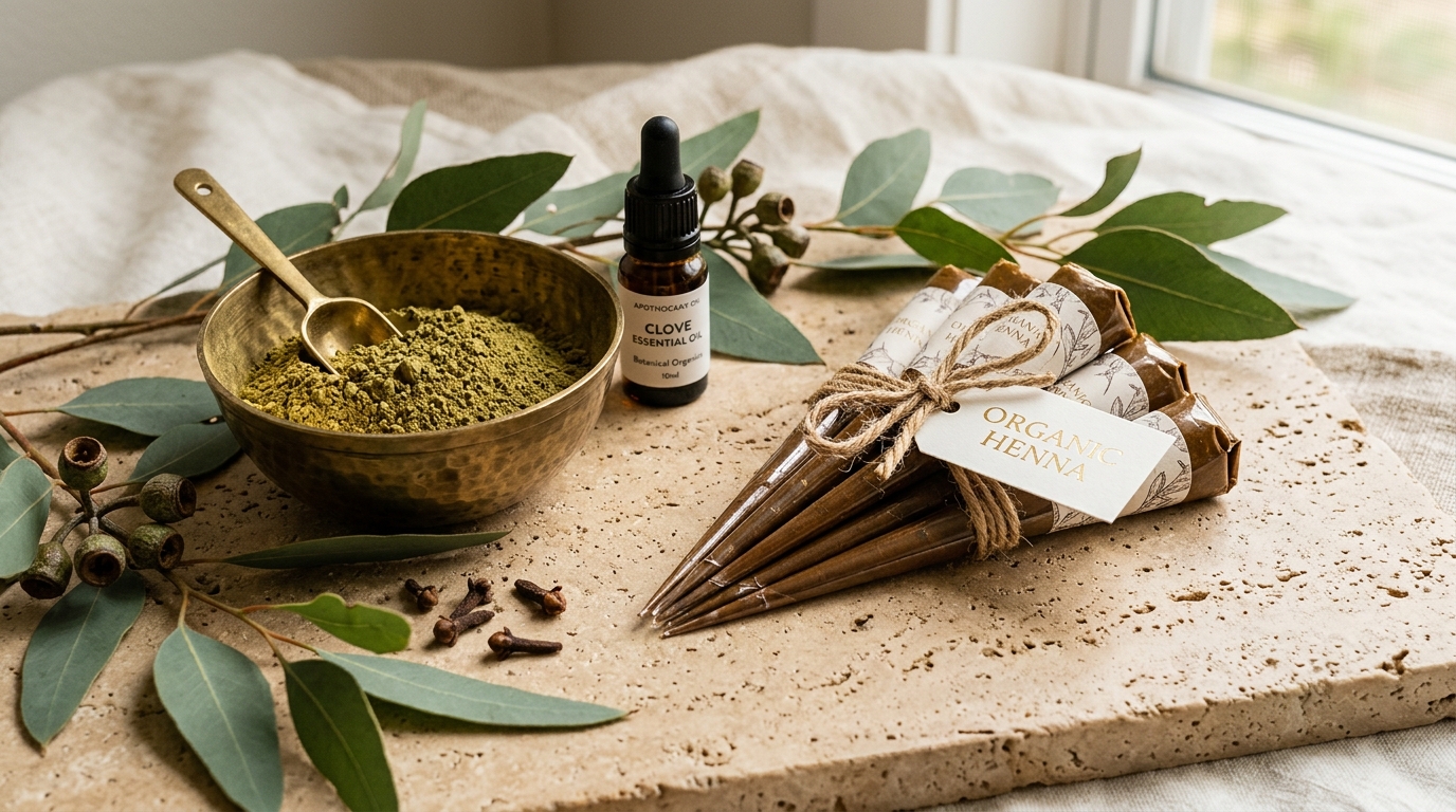 Luxury still life of organic henna cones, raw Rajasthani henna powder, and botanical oils